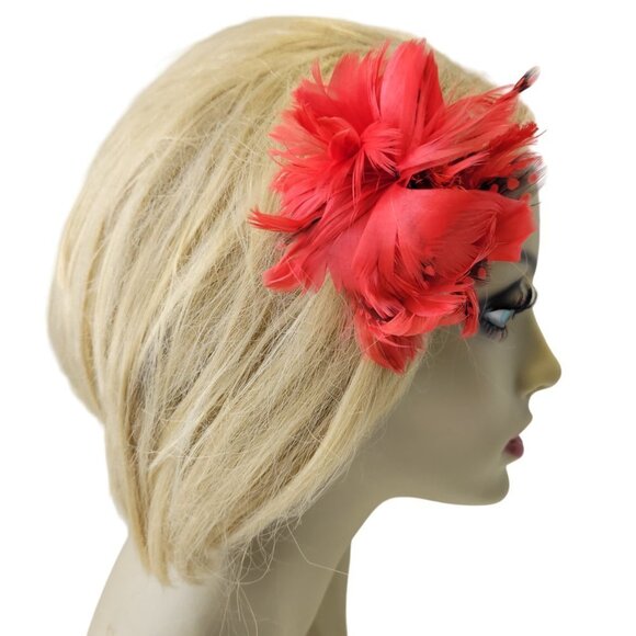 SMALL Round Red Feathers Hair Accessory or Red Feathers Corsage - Picture 4 of 10